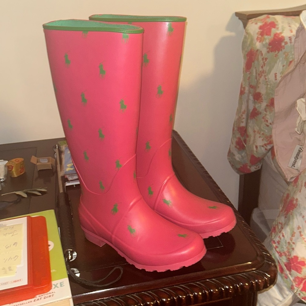 *RARE* Polo Ralph Lauren Pink Rain Boots Green Polo Horse Logo Size 8